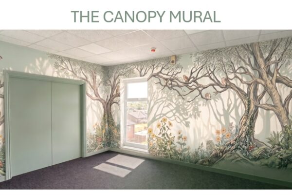 Design visual of The Canopy: a hand-painted woodland mural designed to wrap the walls of a breakout space at an SEMH school on the Wirral, with trees, owls, birds and wild flowers in soft sage greens.